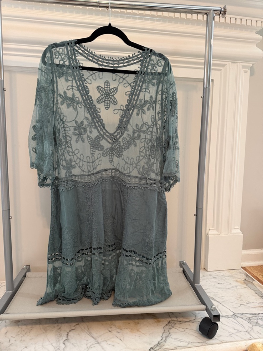 Green Lace Boho Tunic with Floral Embroidery